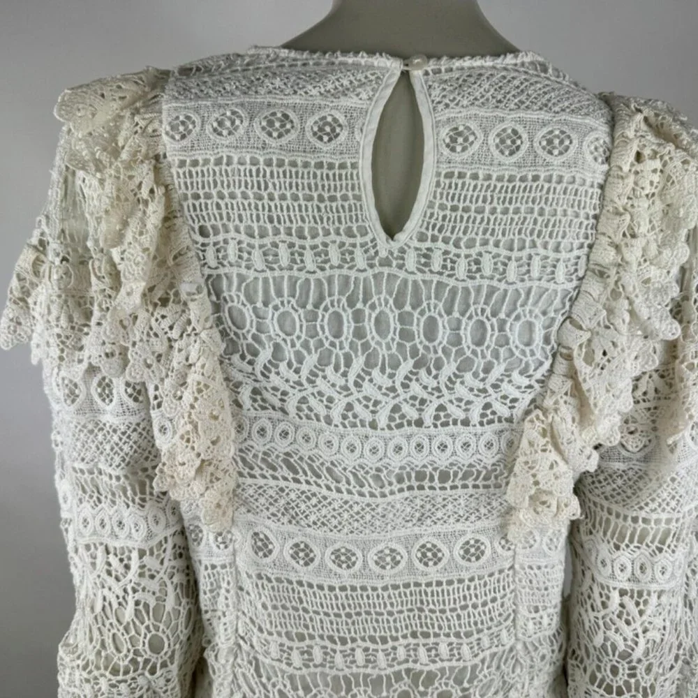 Anthropologie Seen Serena Lace Ruffle Blouse Top Women S 3/4 Sleeve Lined Cotton